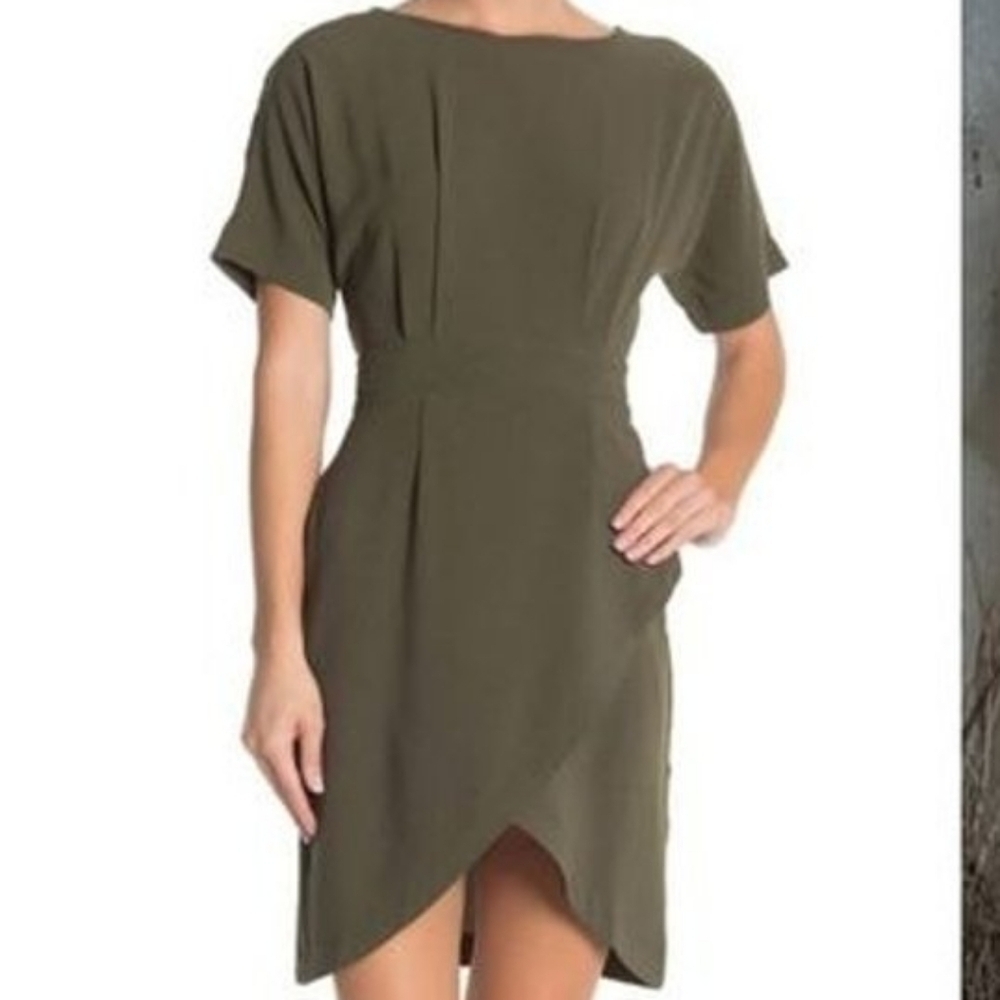 Bobeau Olive Green Mid Length Faux Wrap Dress (M)